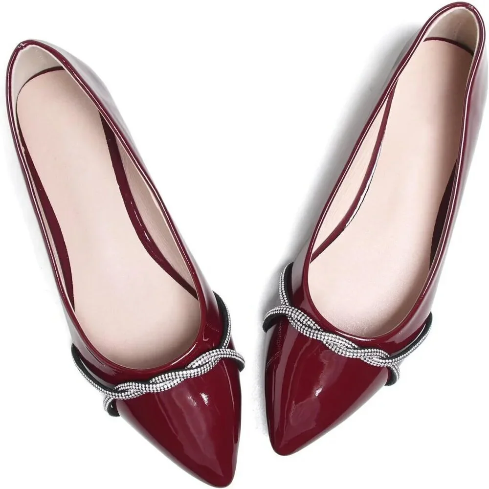 Women's Wine Red Casual Flats Fashion Chain Pointed Toe Ballet Flat Rhinestone